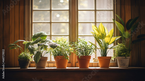 Three potted plants sitting on a wooden floor
