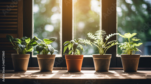 Three potted plants sitting on a wooden floor