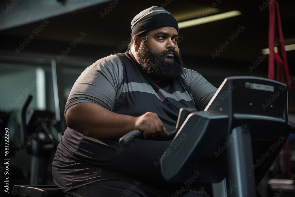 Overweight or fat man doing workout at gym Overweight or fat man doing workout at gym