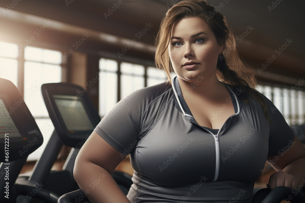 Overweight or fat woman doing workout at gym.