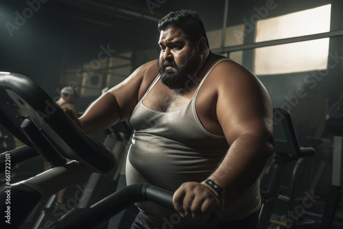 Overweight or fat man doing workout at gym