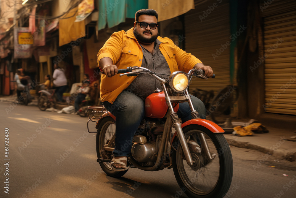 fat man driving motor bike