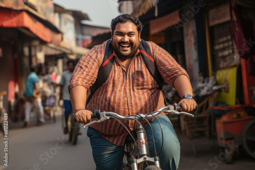 overweight or fat man riding bicycle on city street