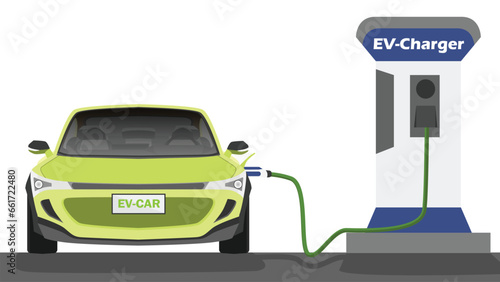 Electric Vehicle front of yellow car charging parking at the charger station with a plug in cable.  Charging in the beside of car to battery. Isolated flat vector illustration on white background.