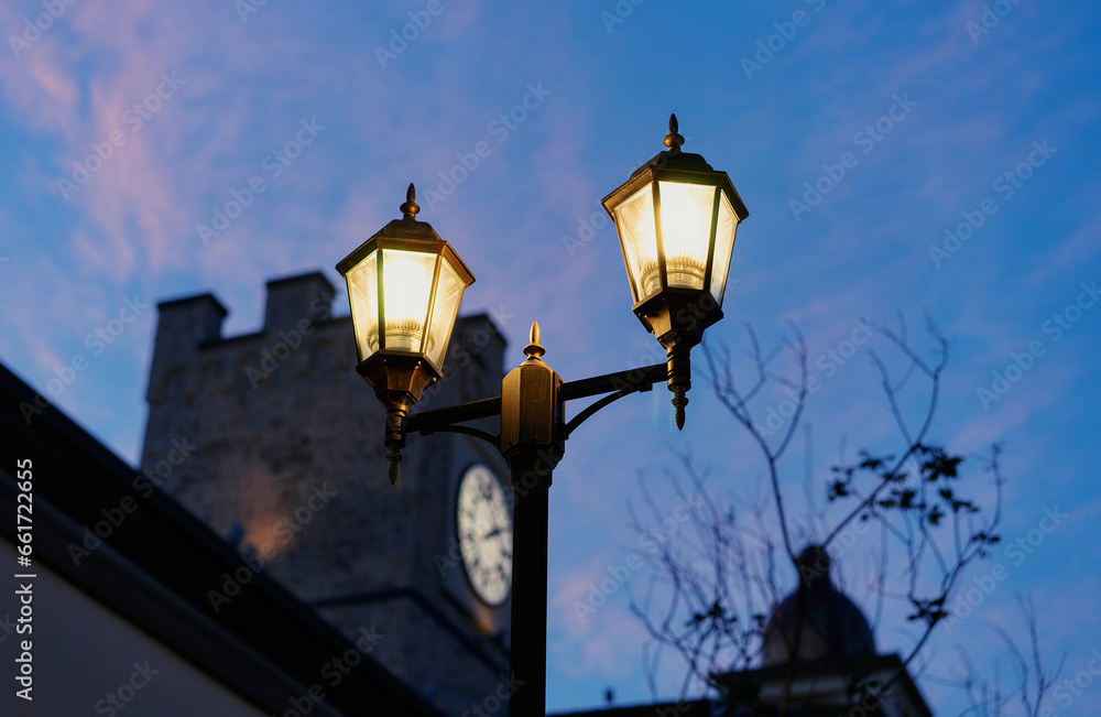 A lamppost illuminating an autumn night in front of a clock tower