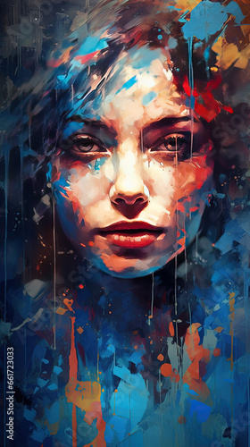 Liquid Oil Painting in Oil Mixed Style Blue and Black Brush Stroke of Beautiful Young Girl Face Vibrant Abstract Art