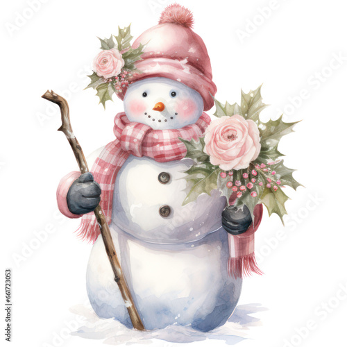 Watercolor Pastel Winter Snowman Clipart. Snowman and Floral Decor. Christmas Theme Illustration.
