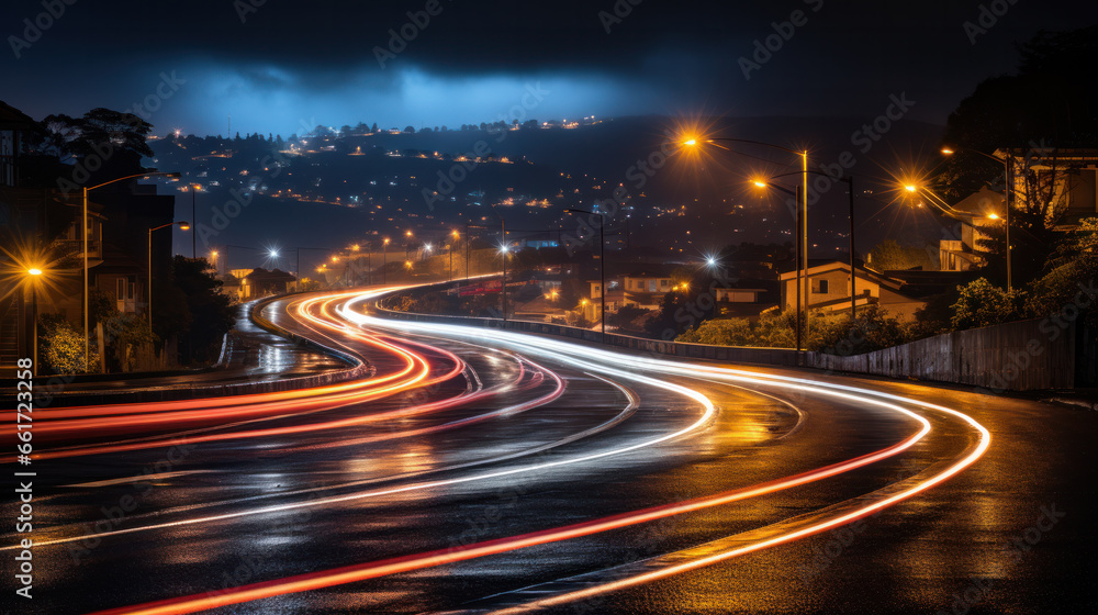 Fototapeta premium Empty asphalt road and mountain natural scenery at night or evening