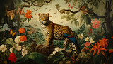 A painting of a leopard and other animals in a jungle