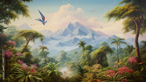 A painting of a jungle scene with a mountain
