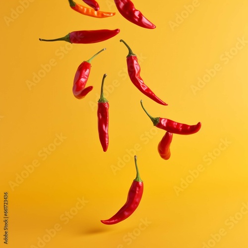 Red hot chili peppers on a yellow background. Ai generated. 