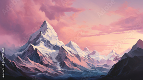 A painting of a mountain with a pink sky