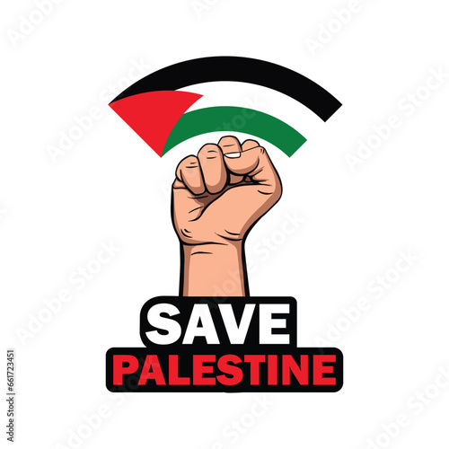 Save Palestine with hand and flag. Israel war poster, template, banner design. We are stand for Palestine vector template. Save Gaza, save Palestine lettering banner.
