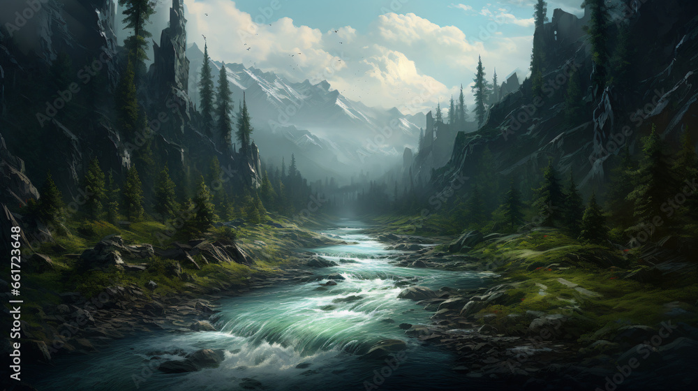 A painting of a river running through a forest - obrazy, fototapety, plakaty 