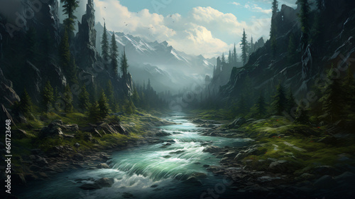 A painting of a river running through a forest