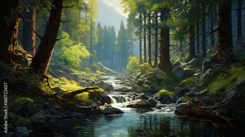 A painting of a river running through a forest