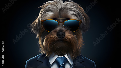 Dog wearing dark blue sunglasses and a blue suit with a tie on dark background