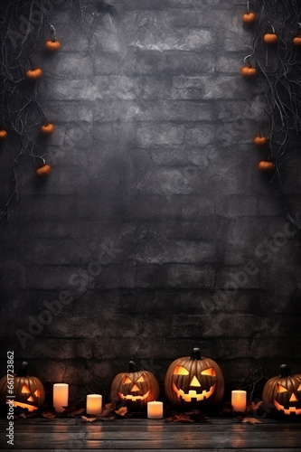 A spooky backdrop with a haunted evil glowing eyes of Jack O' Lanterns on the sides of a wooden deck for a scary halloween night. Halloween night scene background with carved pumpkins and gray wall.