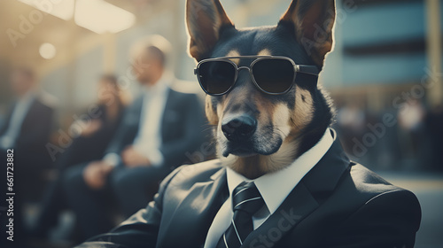gangster dog wearing black glasses and a black suit with a black tie