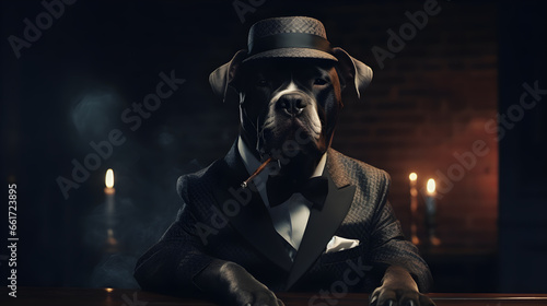 gangster dog wearing hat and a black suit with a tie in cinematic background