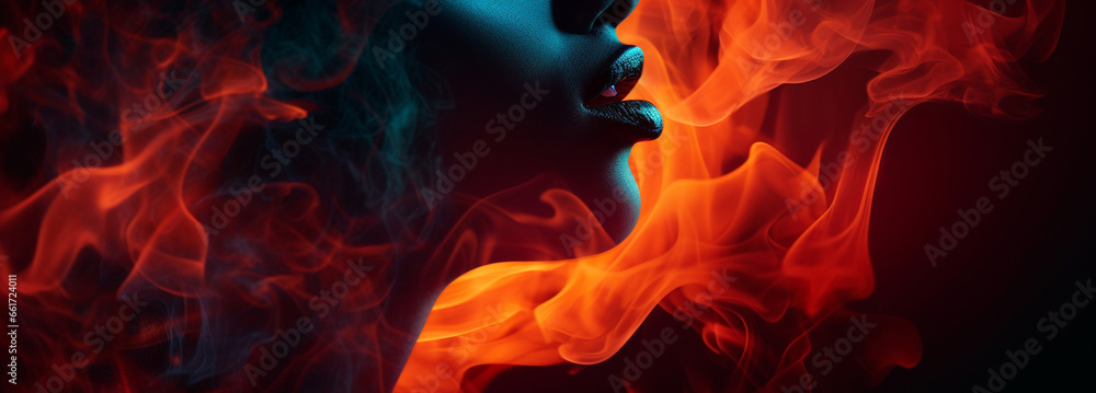 Banner with womans lips in burning flame on black background. Cropped girls face in red fire with copy space for text on dark backdrop. Love, passion and sex concept.
