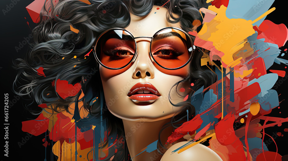 Beautiful Retro Old Fashioned Young Girl With Big Goggles Colorful Portrait Oil Painting Background