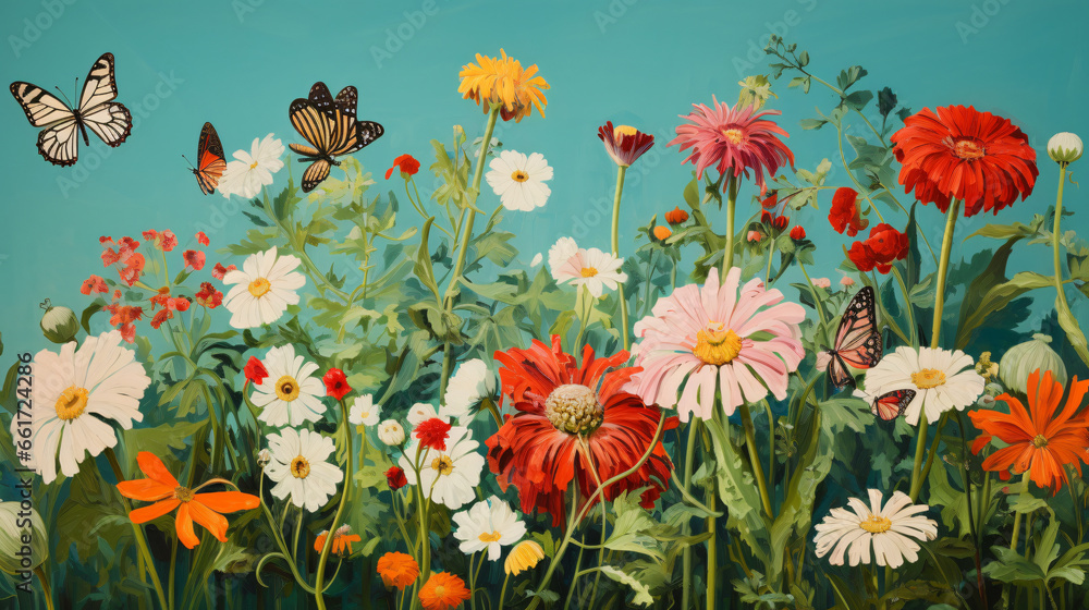 A painting of flowers on a green background