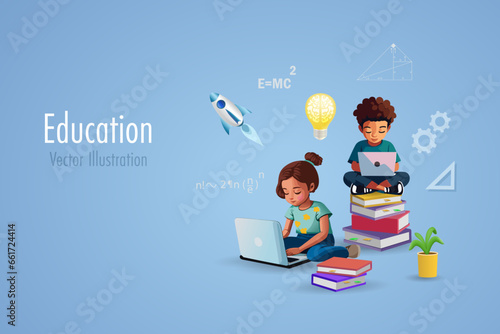 Online education, back to school. Kids doing homework on computer and books with smart brain in lightbulb and flying school elements for student inspiration and imagination. 3D vector.