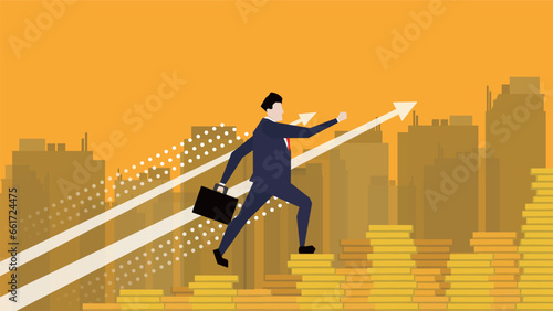 目標に向かって積み上げられた硬貨の上を駆け上がっているビジネスマン（黄色）　Businessman running up a stack of coins to reach a goal (yellow)