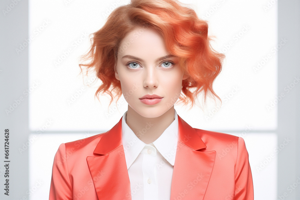 Bright, high-key lighting highlights a smart Caucasian businesswoman with curly hair in a white suit, combining sunlight and studio lights for a radiant look. Generative AI. Bright, high-key lighting highlights a smart Caucasian businesswoman with curly hair in a white suit, combining sunlight and studio lights for a radiant look. Generative AI.