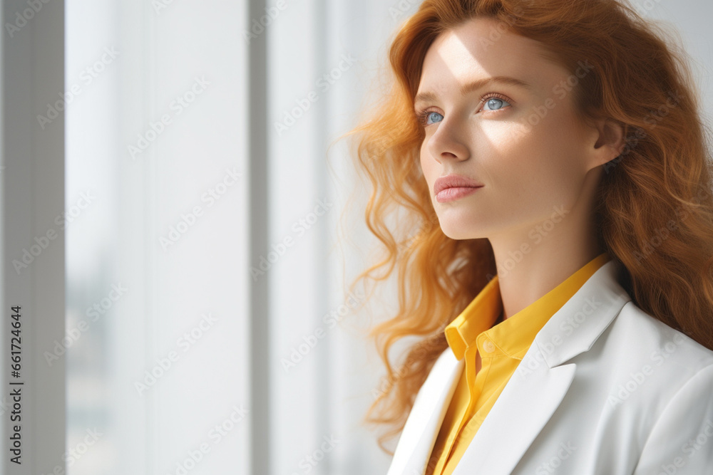 Bright, high-key lighting highlights a smart Caucasian businesswoman with curly hair in a white suit, combining sunlight and studio lights for a radiant look. Generative AI. Bright, high-key lighting highlights a smart Caucasian businesswoman with curly hair in a white suit, combining sunlight and studio lights for a radiant look. Generative AI.