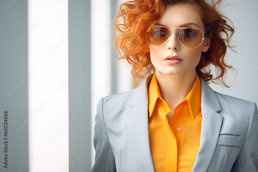 Bright, high-key lighting highlights a smart Caucasian businesswoman with curly hair in a white suit, combining sunlight and studio lights for a radiant look. Generative AI. Bright, high-key lighting highlights a smart Caucasian businesswoman with curly hair in a white suit, combining sunlight and studio lights for a radiant look. Generative AI.