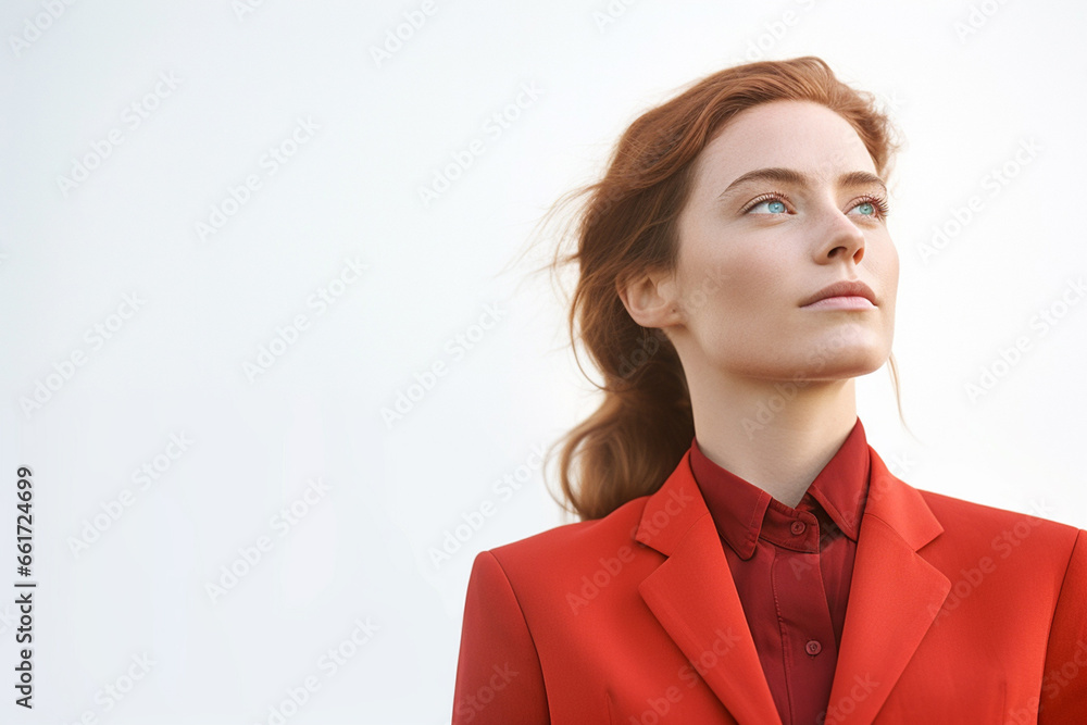 Bright, high-key lighting highlights a smart Caucasian businesswoman with curly hair in a white suit, combining sunlight and studio lights for a radiant look. Generative AI. Bright, high-key lighting highlights a smart Caucasian businesswoman with curly hair in a white suit, combining sunlight and studio lights for a radiant look. Generative AI.