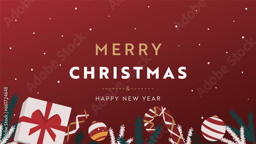 オーナメントやプレゼント、キャンディーで飾られたクリスマス背景テンプレート（赤）　Christmas background template decorated with ornaments, presents  and candies (red)