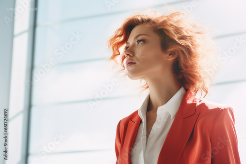 Bright, high-key lighting highlights a smart Caucasian businesswoman with curly hair in a white suit, combining sunlight and studio lights for a radiant look. Generative AI.
