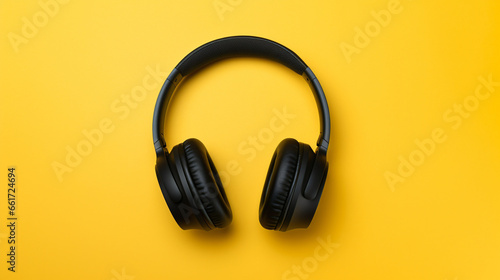 A pair of black headphones laying on a yellow surface