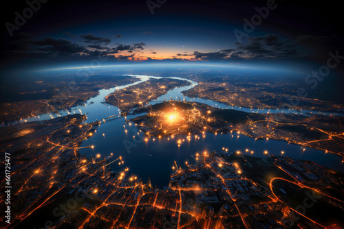 Aerial View of Rivers and City Lights at Night 