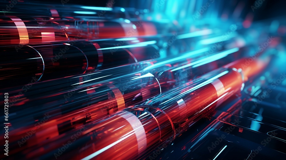 3D rendering of red and turquoise glass tube with pulsating wire cable, symbolizing dynamic data flow. 3D rendering of red and turquoise glass tube with pulsating wire cable, symbolizing dynamic data flow.