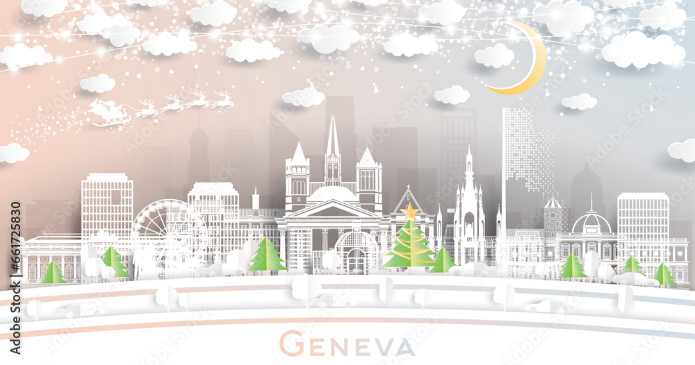 Geneva Switzerland. Winter City Skyline in Paper Cut Style with Snowflakes, Moon and Neon Garland. Christmas, New Year Concept. Geneva Cityscape with Landmarks.