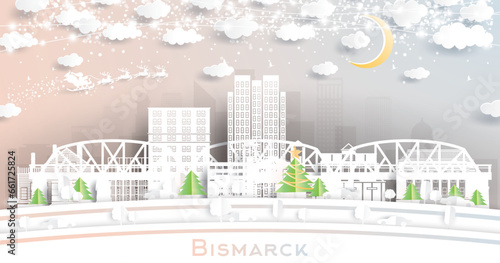 Bismarck North Dakota USA. Winter City Skyline in Paper Cut Style with Snowflakes, Moon and Neon Garland. Christmas, New Year Concept. Santa Claus. Bismarck Cityscape with Landmarks.