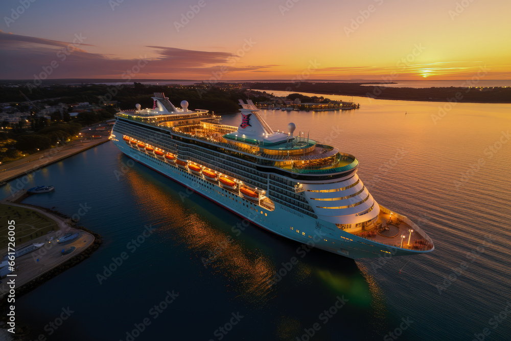 Aerial View of Docked Cruise Ship at Sunset