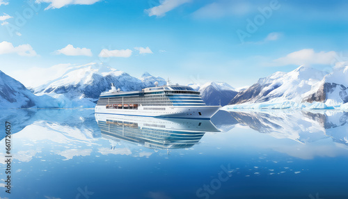 Cruise ship in the north among icebergs and ice