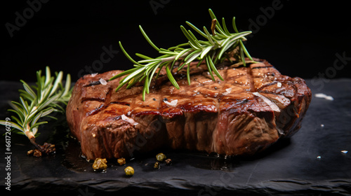 A piece of steak with a sprig of rosemary on top