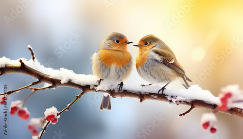 Two bullfinches sitting on a branch in winter © terra.incognita