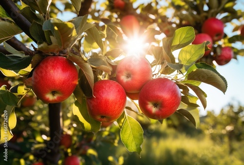 beautiful ripe apples on the tree with bright light. AI Generated Images
