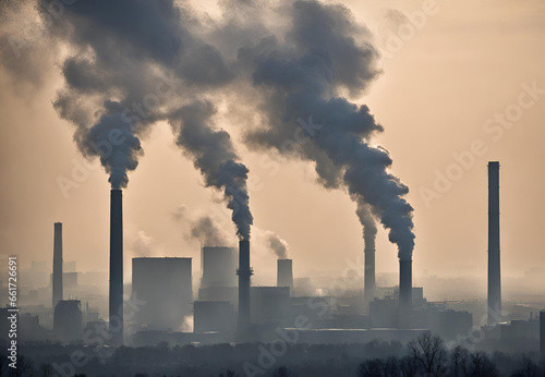 Power Plant with Smoke, Industrial Smokestacks Scene, Pollution from Energy Plant, Environmental Impact of Power Plants, Factory Emissions and Pollution