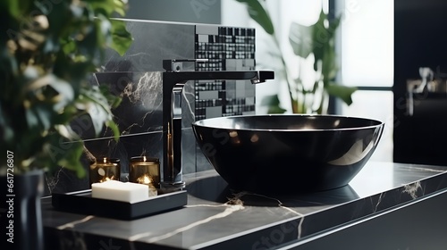 black sink in stylish bathroom interior photo