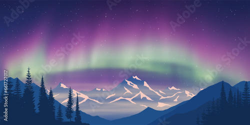 Fantasy on the theme of the northern landscape. Dusk and polar lights. Forest and sunset light. Vector illustration.
