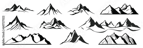 Silhouette mountain range isolated on white background, vector design set