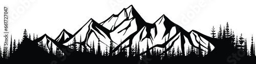 Silhouette mountain range and forest isolated on white background, vector design